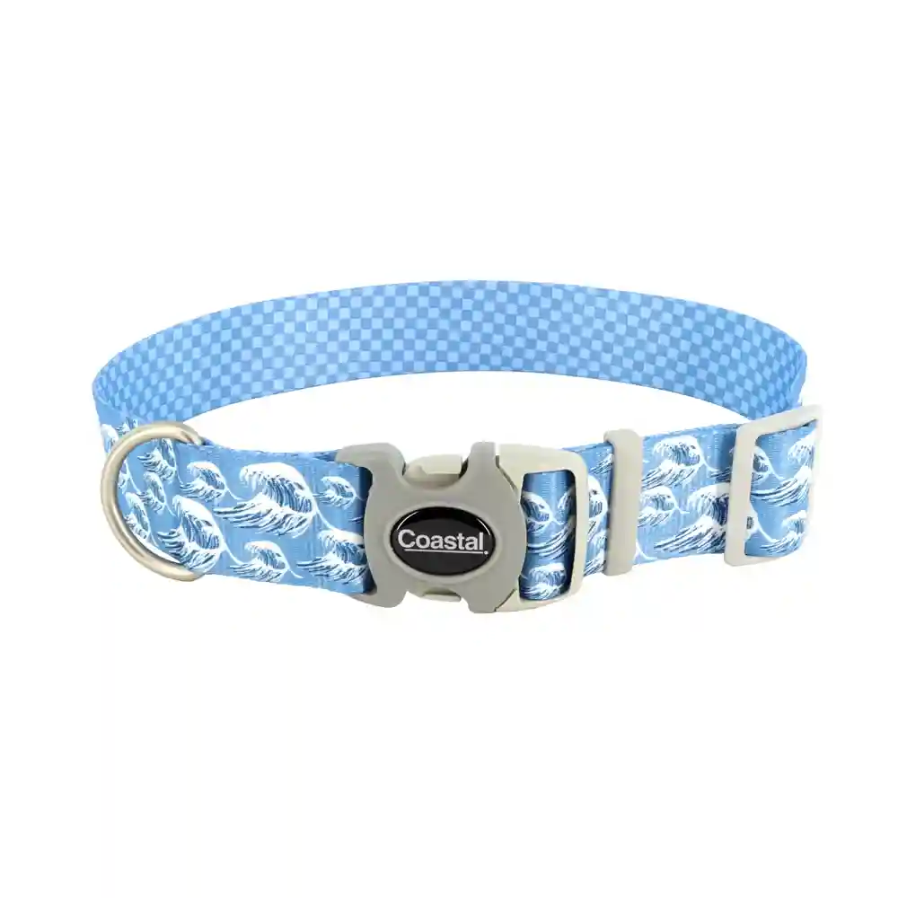 Adjustable Dog Collar - Blue Waves With Blue Checkers Sml 3/4" X 8" 12"